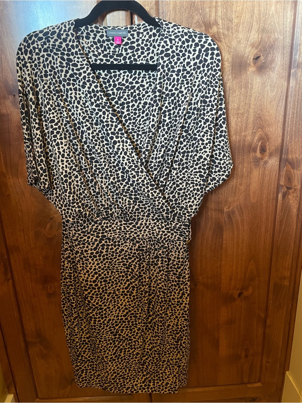Vince Camuto Black & Beige Animal Print Wrap Midi Dress